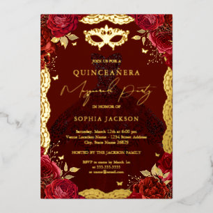 Rosa Kleid Maskenballparty Rot Gold Quinceanera Folieneinladung