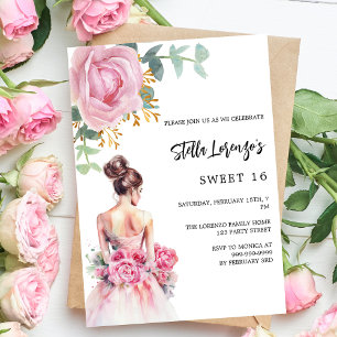 Rosa Kleid Rose Blumenstrauß Sweet 16 Einladung
