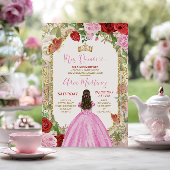 Rosa Kleid Rote Blume Prinzessin Gold Mis Quince Einladung (Von Creator hochgeladen)