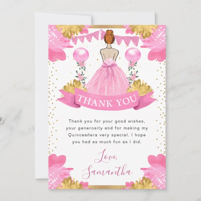 Rosa Kleid Rothaarige Prinzessin Quinceanera Dankeskarte (Vorderseite)