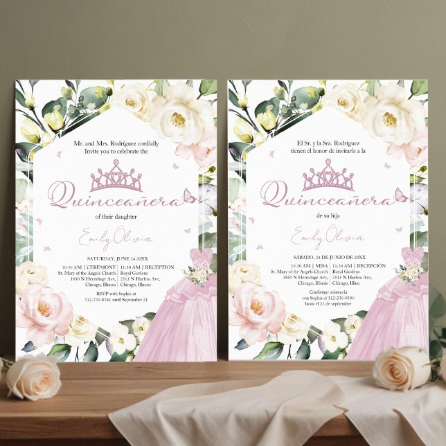 Rosa Kleid Schmetterling Floral Quinceañera Biling Einladung (Von Creator hochgeladen)