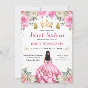 Rosa Kleid schwarze Haare Prinzessin Sweet 16 Einladung