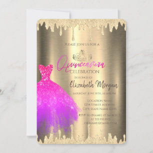 Rosa Kleid, Tiara, Glitzer Tropfen Gold Quinceañer Einladung