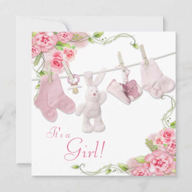 Rosa Kleidung Baby Girl Dusche Einladungen (Vorderseite)