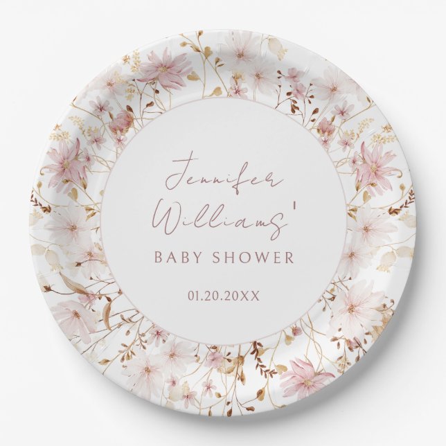 Rosa kleine Wildblume Babydusche Pappteller (Vorderseite)