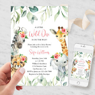 Rosa Kleine Wilde Safari-Baby-Party-Einladung Einladung
