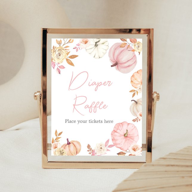 Rosa Kleiner Kürbis Herbst-Windel-Raffle-Schild Poster (Girl Little Pumpkin Fall Baby Shower Diaper Raffle Sign)