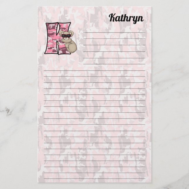 Rosa Koala Mongram Letter K Lined Briefpapier (Vorderseite)