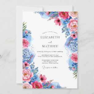 Rosa Kobaltblau Reizende Florale Hochzeit Einladung