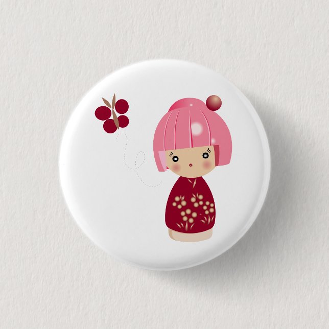 Rosa Kokeshi Dreiergruppe-Button Button (Vorderseite)