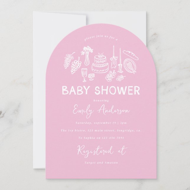 Rosa Kokett Moderne, handgezogene Babydusche Einladung (Vorderseite)