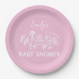 Rosa Kokett Moderne, handgezogene Babydusche Pappteller