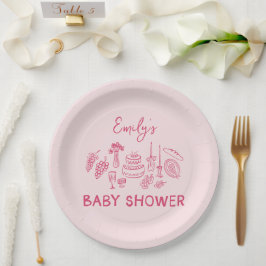 Rosa Kokett Moderne, handgezogene Babydusche Pappteller