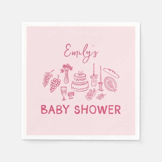 Rosa Kokett Moderne, handgezogene Babydusche Serviette (Vorderseite)