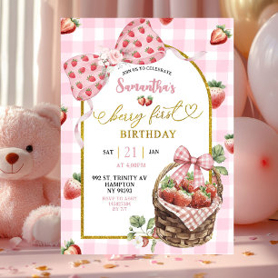 Rosa Kokette Erdbeere Gingham Erster Geburtstag Einladung