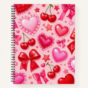 Rosa Koketten-Herzen-und-Kirschen-Notizbuch Notizbuch
