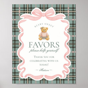 Rosa Koketter Bär Plaid Party Favors Schild