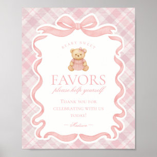 Rosa Koketter Bär Plaid Party Favors Schild