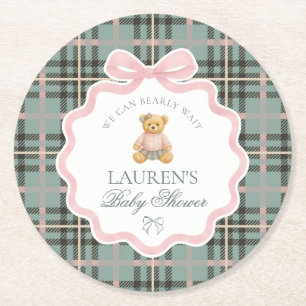 Rosa Koketterie-Bogen-Bär Kariert Baby-Party  Runder Pappuntersetzer