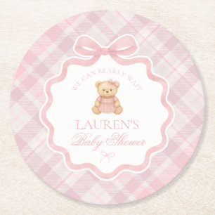 Rosa Koketterie-Bogen-Bär Kariert Baby Shower Runder Pappuntersetzer