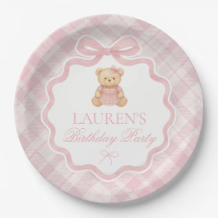 Rosa Koketterie-Bogen-Bär Kariert Geburtstag Pappteller
