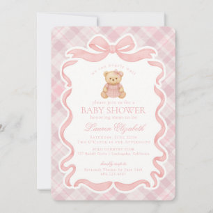 Rosa Koketterie-Bogen-Bär-Tartan-Karo-Baby-Party Einladung