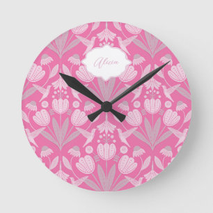 Rosa Kolibri Coquette Personalisiertes Floral Runde Wanduhr