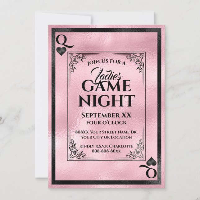 Rosa Königin des Herzens Ladys Game Night Einladung (Vorderseite)