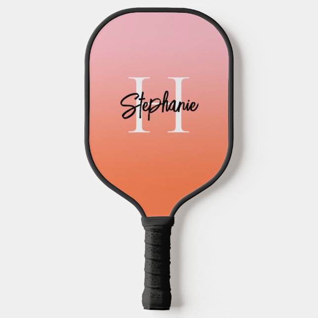 Rosa Koralle und Orange Ombre Monogram Pickleball Schläger (Rückseite)