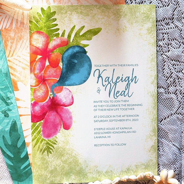 Rosa, Korallen, Aquamarine Hochzeitsfeier in Trope Einladung (Wedding Invite w/Coral,  Pink Plumeria Flowers w/ Tropical Teal Calla Lily and Green Island Leaves)