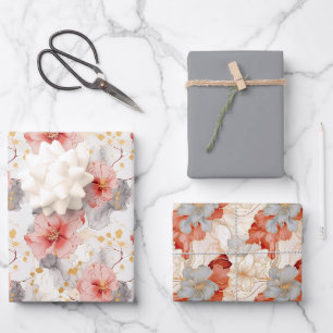 Rosa Korallen-Grau-Blumenliebe-Hochzeit Geschenkpapier Set