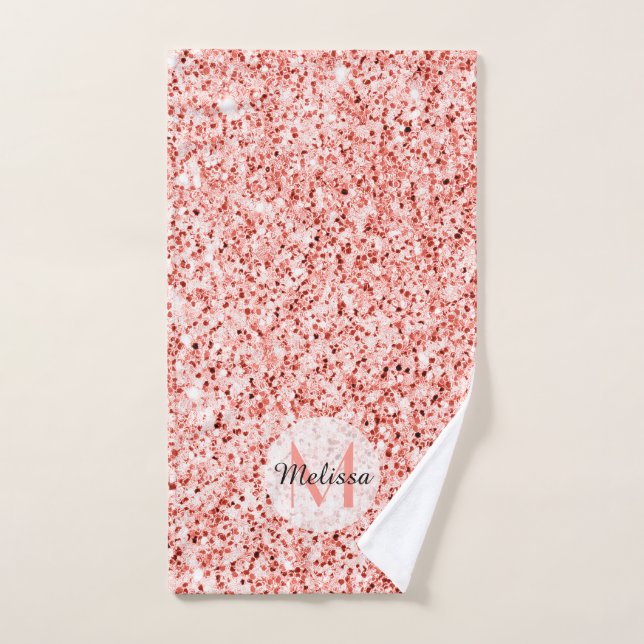 Rosa Korallen hellpastellfarbene Glitzern Monogram Badhandtuch Set (Handtuch)