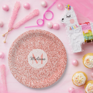 Rosa Korallen hellpastellfarbene Glitzern Monogram Pappteller