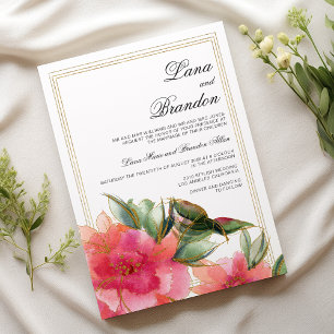Rosa Korallen-Mint Weißgold Glitter Blumen Hochzei Einladung