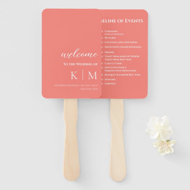 Rosa Korallen-modern- Monogram-Hochzeitsprogramm- Fächer (Vorne und Hinten)