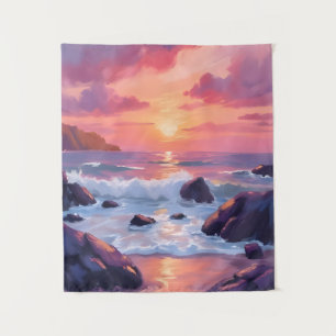 Rosa Korallen-Sonnenuntergang   Ozeanwellen Aquare Wandteppich