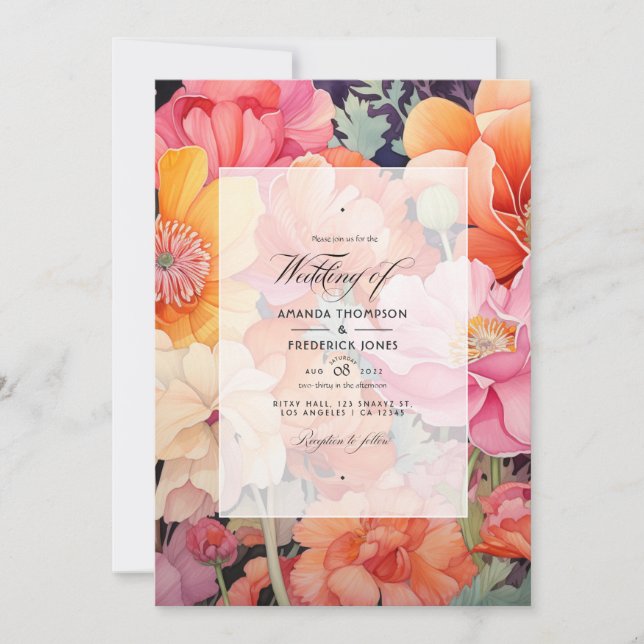 Rosa, Korallen und orange blumenreiche Hochzeit Einladung (Vorderseite)