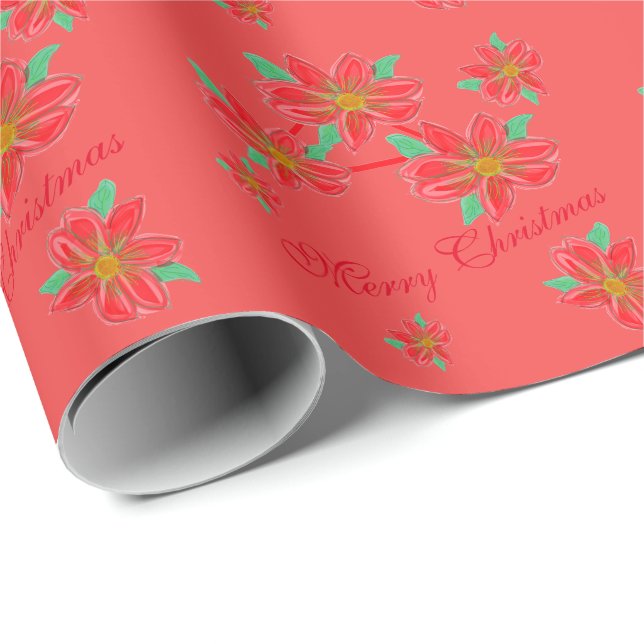 Rosa Korallen und rote Poinsettien Geschenkpapier (Rolleneckpunkt)