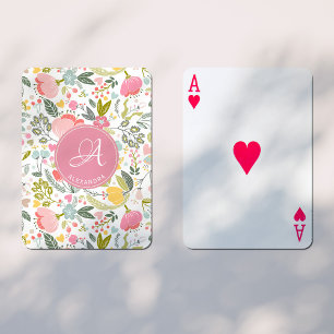 Rosa Korallen-Wasserfarben-Blumenmuster-Monogramm- Spielkarten