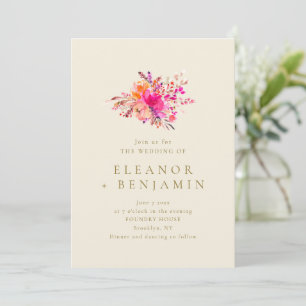 Rosa Korallen-Wildblumen-Aquarell Elfenbein-Hochze Einladung