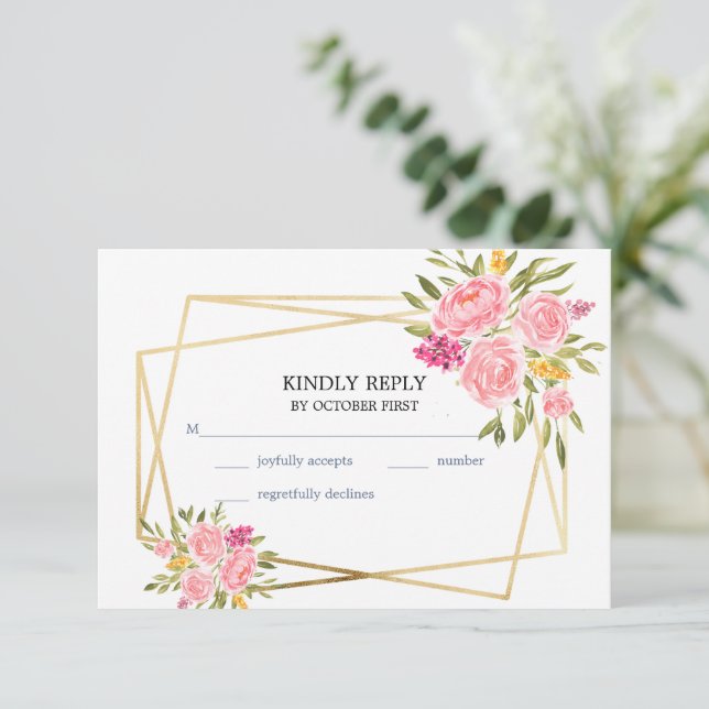 Rosa Korallenblume und Goldrahmen-RSVP-Karte RSVP Karte (Stehend Vorderseite)
