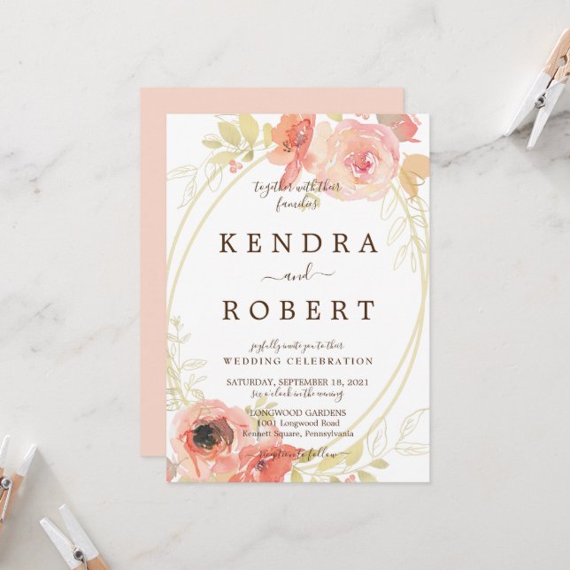 Rosa Korallenhochzeit - Rose und Goldbriefe Einladung (Vorderseite/Rückseite Beispiel)