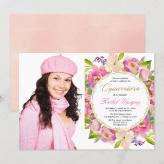 Rosa korallenrotes Golderröten blumenQuinceanera Einladung