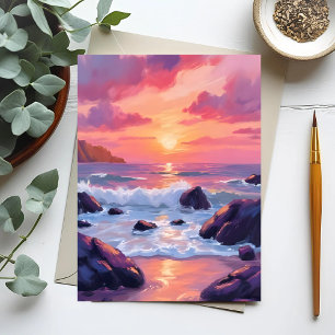 Rosa Korallenuntergang   Ozeanwellen Aquarellkarte