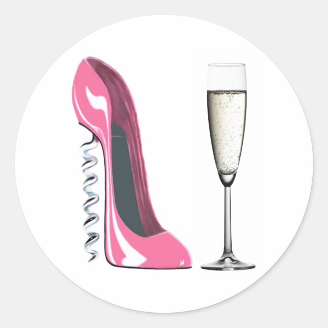 Rosa Korkenzieher Stiletto Schuhe und Champagner G Runder Aufkleber (Vorderseite)