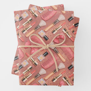 Rosa Kosmetik-Muster Glitter  Geschenkpapier Set