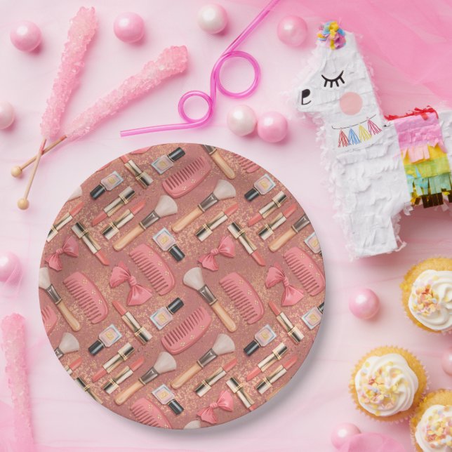 Rosa Kosmetik-Muster Glitter  Pappteller (Party)