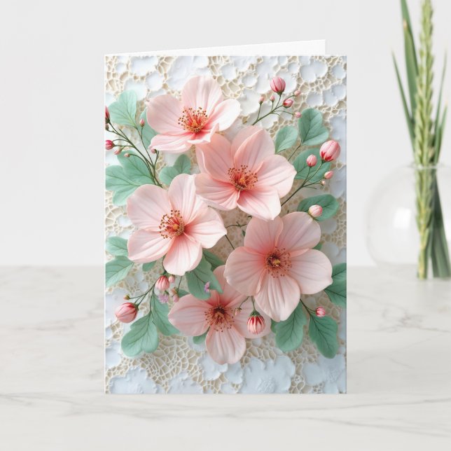 Rosa Kosmos-Blume an der White Bridal Lace Karte (Vorderseite)