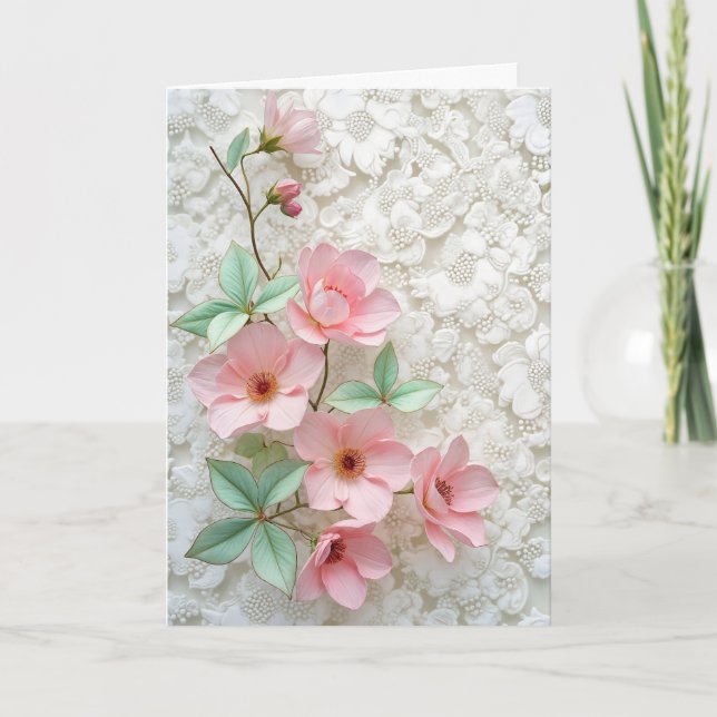 Rosa Kosmos-Blume an der White Bridal Lace Karte (Vorderseite)