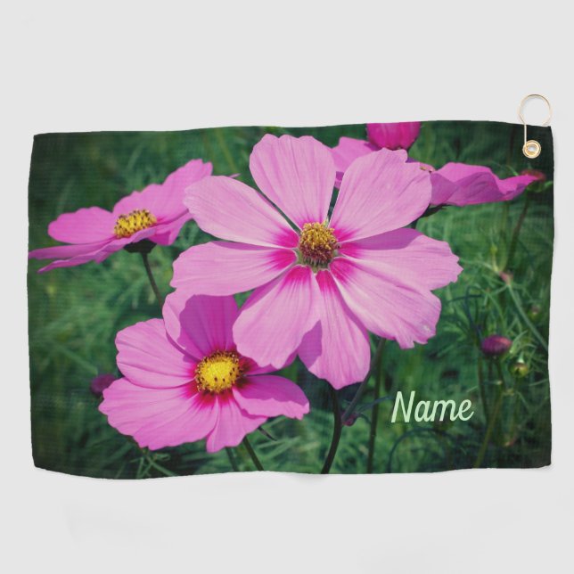 Rosa Kosmos-Blume Personalisiert Golfhandtuch (Horizontal)